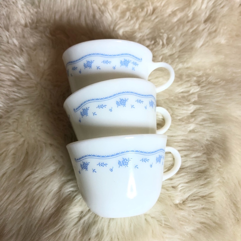 3 Vintage Pyrex Milk Glass morning Blue Mugs